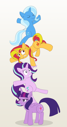 Size: 1275x2420 | Tagged: safe, artist:zelc-face, starlight glimmer, sunset shimmer, trixie, twilight sparkle, alicorn, pony, unicorn, g4, balancing, counterparts, eyes closed, female, magical quartet, magical trio, mare, tower of pony, twilight sparkle (alicorn), twilight sparkle is not amused, twilight's counterparts, unamused