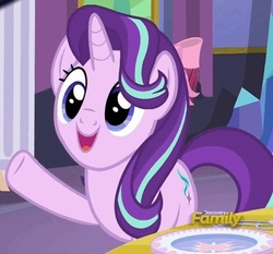 Size: 429x399 | Tagged: safe, screencap, starlight glimmer, pony, unicorn, g4, no second prances, cute, discovery family logo, female, glimmerbetes, happy, mare, open mouth, raised hoof, smiling, solo