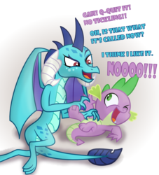 Size: 968x1066 | Tagged: safe, artist:changeling #209458, princess ember, spike, dragon, g4, adorkable, baby, baby dragon, big no, cute, dialogue, dork, dragoness, emberbetes, female, looking at each other, male, mare, one eye closed, one eye open, open mouth, simple background, spikabetes, tickling, weapons-grade cute, white background