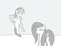 Size: 1024x768 | Tagged: safe, artist:vulapa, fluttershy, rainbow dash, pony, g4, cyoa, cyoa:life in ponyville, monochrome, smiling, story included