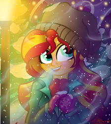 Size: 900x1000 | Tagged: dead source, safe, artist:sunsetcrady, sunset shimmer, equestria girls, g4, beanie, clothes, cute, female, hat, open mouth, shimmerbetes, signature, snow, snowfall, solo, winter outfit