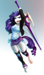 Size: 800x1374 | Tagged: safe, artist:jay-kuro, rarity, unicorn, anthro, unguligrade anthro, g4, clothes, female, looking at you, open mouth, shorts, solo, sword, tank top, weapon