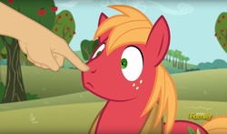 Size: 1577x926 | Tagged: safe, edit, edited screencap, screencap, big macintosh, earth pony, pony, g4, no second prances, boop, boop edit, discovery family logo, finger, hand, male, stallion