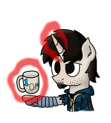 Size: 900x1000 | Tagged: safe, artist:crtical hit, oc, oc only, oc:critical hit, pony, unicorn, fallout equestria, clothes, crossover, fallout, jumpsuit, magic, male, mug, simple background, solo, telekinesis, vault suit, white background