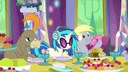 Size: 1286x723 | Tagged: safe, screencap, cranky doodle donkey, derpy hooves, dj pon-3, vinyl scratch, donkey, pegasus, pony, g4, no second prances, animated, cute, derpabetes, discovery family logo, donald chirp, female, loop, mare, waving