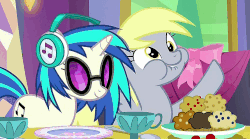 Size: 1005x558 | Tagged: safe, screencap, derpy hooves, dj pon-3, vinyl scratch, pegasus, pony, unicorn, g4, no second prances, animated, cute, derpabetes, duo, female, food, loop, mare, muffin, nodding, waving, yes