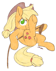 Size: 1127x1436 | Tagged: safe, artist:sion, applejack, g4, female, looking at you, on back, rope, simple background, solo, underhoof, white background