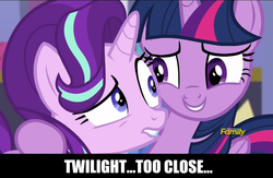 Size: 1600x1042 | Tagged: safe, screencap, starlight glimmer, twilight sparkle, alicorn, pony, unicorn, g4, no second prances, season 6, discovery family logo, female, mare, personal space invasion, twilight sparkle (alicorn)