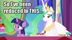 Size: 1024x575 | Tagged: safe, edit, screencap, princess celestia, twilight sparkle, alicorn, pony, g4, my little pony: friendship is magic, no second prances, celestia is not amused, discovery family logo, duo, female, mare, twilight sparkle (alicorn), unamused