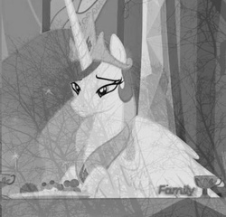 Size: 543x521 | Tagged: safe, edit, edited screencap, screencap, princess celestia, g4, my little pony: friendship is magic, no second prances, celestia is not amused, discovery family logo, grayscale, monochrome