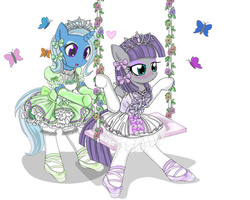 Size: 580x464 | Tagged: safe, artist:avchonline, maud pie, trixie, butterfly, earth pony, unicorn, semi-anthro, g4, ballerina, ballet slippers, bipedal, blushing, bow, canterlot royal ballet academy, clothes, cute, duo, eyeshadow, female, flower, makeup, mare, puffy sleeves, stockings, swing, tiara, tutu