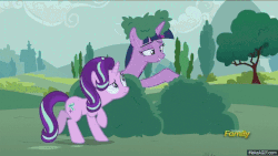 Size: 718x404 | Tagged: safe, edit, edited screencap, screencap, starlight glimmer, sunset shimmer, twilight sparkle, alicorn, pony, unicorn, g4, no second prances, animated, cardboard cutout, counterparts, discovery family logo, female, hilarious in hindsight, magical trio, twilight sparkle (alicorn), twilight's counterparts