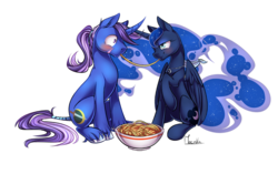 Size: 1024x643 | Tagged: safe, artist:moenkin, princess luna, oc, oc:azure night, g4, azuna, bedroom eyes, blushing, bowl, canon x oc, female, food, imminent kissing, male, necklace, pasta, shipping, signature, simple background, spaghetti, straight, transparent background