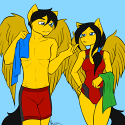 Size: 900x900 | Tagged: safe, artist:holtzmann, oc, oc only, oc:steelshine, pegasus, anthro, black hair, clothes, female, male, one-piece swimsuit, rule 63, self ponidox, swimsuit, talking, topless, towel, walking