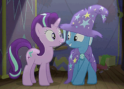 Size: 484x347 | Tagged: safe, screencap, starlight glimmer, trixie, pony, unicorn, g4, no second prances, animated, clothes, female, forgiveness, hug, mare, torn clothes