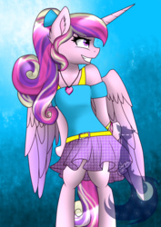 Size: 1061x1500 | Tagged: safe, artist:blackdark143, princess cadance, alicorn, semi-anthro, g4, arm hooves, belt, clothes, female, grin, skirt, solo, spread wings, tank top, watermark