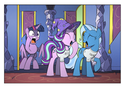 Size: 2000x1400 | Tagged: safe, artist:php104, starlight glimmer, trixie, twilight sparkle, alicorn, pony, unicorn, g4, no second prances, accessory swap, best friends, clothes, counterparts, eyes closed, female, i can't believe it's not idw, laughing, magical trio, mare, open mouth, raised hoof, screaming, shirt, smiling, spread wings, trixie's hat, twilight sparkle (alicorn), twilight's counterparts, wide eyes