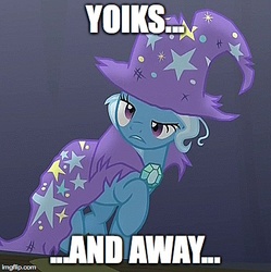 Size: 400x401 | Tagged: safe, edit, edited screencap, screencap, trixie, pony, unicorn, g4, no second prances, season 6, clothes, daffy duck, female, image macro, looney tunes, mare, meme, robin hood daffy, solo, the paint and growerful triskie, torn clothes, yoiks and away