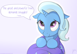 Size: 1754x1240 | Tagged: safe, artist:wonkysole, trixie, pony, unicorn, g4, bronybait, cape, clothes, cute, dialogue, diatrixes, event horizon of cuteness, featured image, female, floppy ears, great and powerful, hnnng, hug request, mare, snuggles?, solo, speech bubble, third person, trixie's cape, trixie's hat