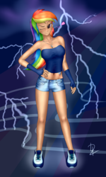 Size: 3840x6400 | Tagged: safe, artist:zuko42, rainbow dash, human, g4, absurd resolution, armpits, belly button, breasts, busty rainbow dash, clothes, female, fingerless gloves, gloves, heart, humanized, lightning, midriff, necklace, one eye closed, pendant, shoes, shorts, signature, sneakers, solo, wink