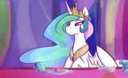 Size: 1518x929 | Tagged: safe, artist:dragk, princess celestia, pony, g4, no second prances, bored, celestia is not amused, female, frown, solo, unamused