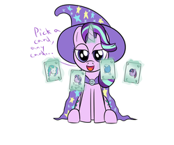 Size: 1200x1000 | Tagged: safe, artist:mightyshockwave, starlight glimmer, pony, unicorn, g4, no second prances, card, dialogue, female, magic, magic show, magic trick, simple background, solo, trixie's hat, white background