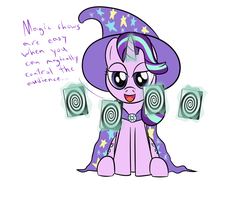Size: 1200x1000 | Tagged: safe, artist:mightyshockwave, starlight glimmer, pony, unicorn, g4, no second prances, card, dialogue, female, hypnosis, magic show, magic trick, simple background, solo, trixie's hat, white background