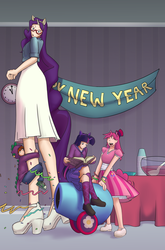 Size: 2819x4263 | Tagged: safe, artist:chibibiscuit, pinkie pie, rarity, spike, twilight sparkle, oc, g4, 2015, book, clothes, cosplay, costume, dress, eyes closed, giantess, happy new year, high heels, high res, looking down, macro, non-mlp oc, open mouth, pants, party cannon, reading, shoes, sitting, size difference, skirt