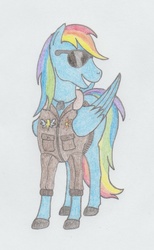 Size: 612x996 | Tagged: safe, artist:agentappleblanket, rainbow dash, g4, bomber jacket, dog tags, female, pencil drawing, solo, sunglasses, traditional art
