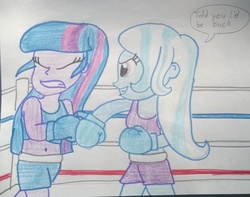 Size: 1943x1531 | Tagged: safe, artist:toyminator900, trixie, twilight sparkle, equestria girls, g4, boxing, boxing gloves, boxing ring, dialogue, punch
