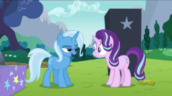 Size: 858x482 | Tagged: safe, screencap, starlight glimmer, trixie, pony, unicorn, g4, no second prances, adorable face, animated, best friends, cute, discovery family logo, female, gif, hoofbump, mare