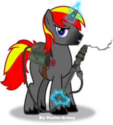 Size: 2852x3148 | Tagged: safe, artist:vector-brony, oc, oc only, oc:afterburner, pony, unicorn, flamethrower, high res, levitation, magic, male, simple background, solo, stallion, telekinesis, transparent background, vector, weapon