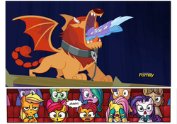 Size: 616x432 | Tagged: safe, edit, edited screencap, screencap, apple bloom, applejack, babs seed, fluttershy, rarity, trixie, manticore, pony, unicorn, g4, idw, no second prances, applejack is not amused, audience reaction, discovery family logo, female, imminent vore, mare