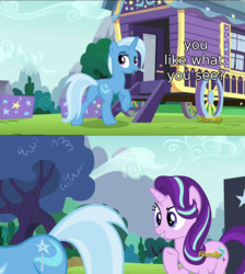 Size: 1274x1420 | Tagged: safe, edit, screencap, starlight glimmer, trixie, pony, unicorn, g4, no second prances, butt, caption, caravan, discovery family logo, eyes on the prize, female, lesbian, looking at butt, mare, out of context, plot, ship:startrix, shipping, text, trixie's wagon, wagon