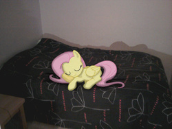 Size: 2048x1536 | Tagged: safe, artist:souleatersaku90, fluttershy, g4, bed, irl, photo, ponies in real life, sleeping, solo, vector