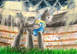 Size: 2321x1633 | Tagged: safe, artist:souleatersaku90, thunderlane, pegasus, pony, g4, american football, clothes, commission, fanfic, fanfic art, football helmet, helmet, jersey, male, solo, stadium, stallion, the simple life, traditional art, watercolor painting