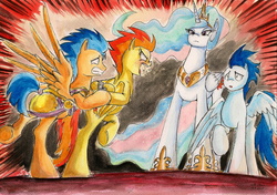 Size: 2316x1629 | Tagged: safe, artist:souleatersaku90, flash sentry, princess celestia, soarin', spitfire, pony, g4, angry, arrested, commission, fanfic, fanfic art, the simple life, traditional art, watercolor painting