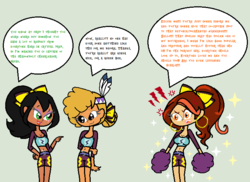 Size: 714x520 | Tagged: safe, artist:obeliskgirljohanny, little strongheart, oc, oc:bella vita, oc:scarla, human, g4, angry, cheerleader, cheerleader outfit, crystal prep academy, earring, fangs, humanized, lipstick, mary sue, native american, open mouth, piercing, rant, ribbon