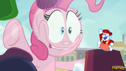 Size: 887x504 | Tagged: safe, edit, edited screencap, screencap, pinkie pie, g4, the gift of the maud pie, against glass, faic, fortran, glass, grand dad, joel, pinkie pie excited meme, vinesauce