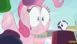 Size: 884x504 | Tagged: safe, edit, edited screencap, screencap, pinkie pie, rarity, g4, the gift of the maud pie, against glass, faic, glass, pinkie pie excited meme, rariball