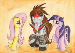 Size: 2321x1644 | Tagged: safe, artist:souleatersaku90, fluttershy, twilight sparkle, g4, commission, crossover, crossover shipping, guilty gear, ponified, shipping, sol badguy, traditional art, watercolor painting