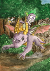 Size: 1640x2315 | Tagged: safe, artist:souleatersaku90, spike, timber wolf, g4, crossover, dragons riding dragons, everfree forest, riding, sparx the dragonfly, spike riding spyro, spyro the dragon, spyro the dragon (series), traditional art, watercolor painting