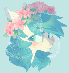 Size: 1342x1415 | Tagged: safe, artist:amphoera, oc, oc only, oc:venti via, pegasus, pony, 2016, beautiful, blue eyes, blue mane, blushing, bust, colored pupils, cute, ear fluff, featured image, floppy ears, floral head wreath, lace, looking away, looking back, ocbetes, pastel, sensual, simple background, smiling, solo, veil