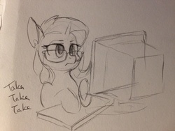 Size: 1600x1200 | Tagged: safe, artist:whale, trixie, pony, unicorn, g4, computer, descriptive noise, female, glasses, keyboard, mare, meme, monitor, monochrome, solo, traditional art, typing