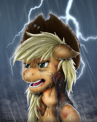 Size: 1644x2068 | Tagged: safe, artist:kukotte, applejack, g4, female, rain, solo