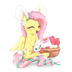 Size: 1024x1024 | Tagged: dead source, safe, artist:0biter, angel bunny, fluttershy, pegasus, pony, rabbit, g4, animal, bow, bunny ears, cute, easter, easter basket, easter egg, flower, happy, shyabetes, weapons-grade cute