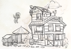 Size: 1455x997 | Tagged: safe, artist:spacechickennerd, oc, oc only, oc:chickpea, flying, house, monochrome, solo