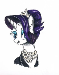 Size: 502x639 | Tagged: safe, artist:lizchwan, rarity, pony, unicorn, g4, the gift of the maud pie, audrey hepburn, breakfast at tiffany's, bust, female, holly golightly, lidded eyes, mare, pearl, portrait, sketch, smiling, solo