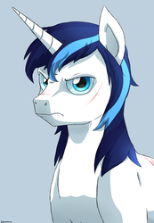 Size: 900x1300 | Tagged: safe, artist:zoruanna, shining armor, pony, unicorn, g4, angry, badass, blue background, frown, glare, looking at you, male, scar, simple background, solo, stallion