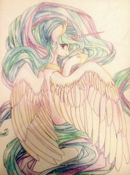 Size: 783x1054 | Tagged: safe, artist:eiirine, princess celestia, g4, female, looking back, rear view, simple background, solo, spread wings, traditional art